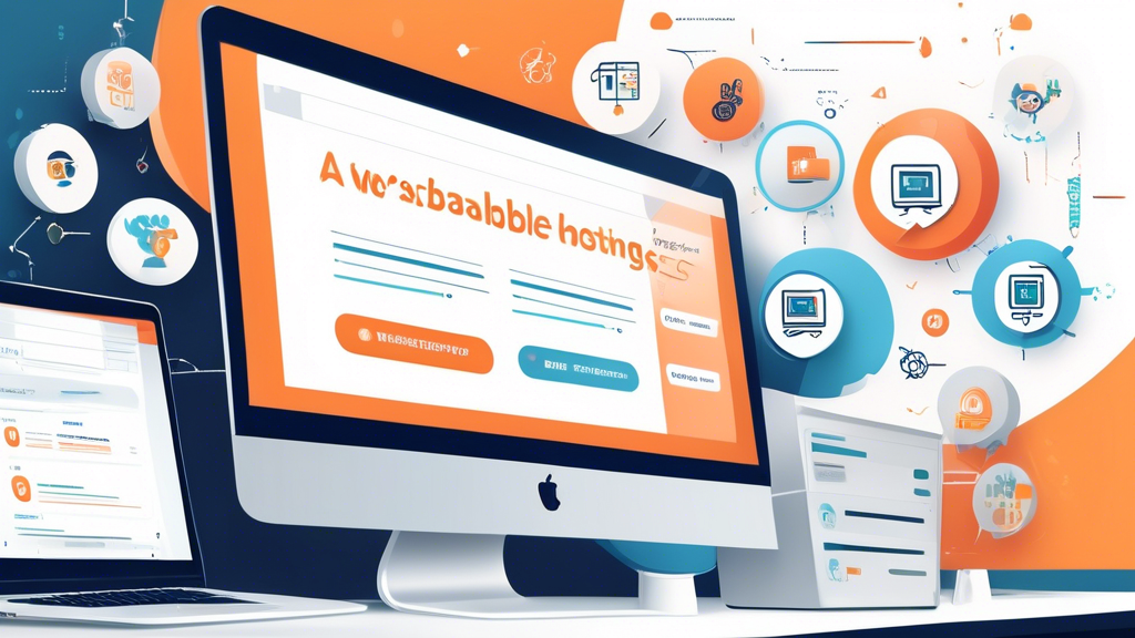 A computer screen displaying a website offering affordable hosting services with 24/7 support options, surrounded by icons representing customer support, r