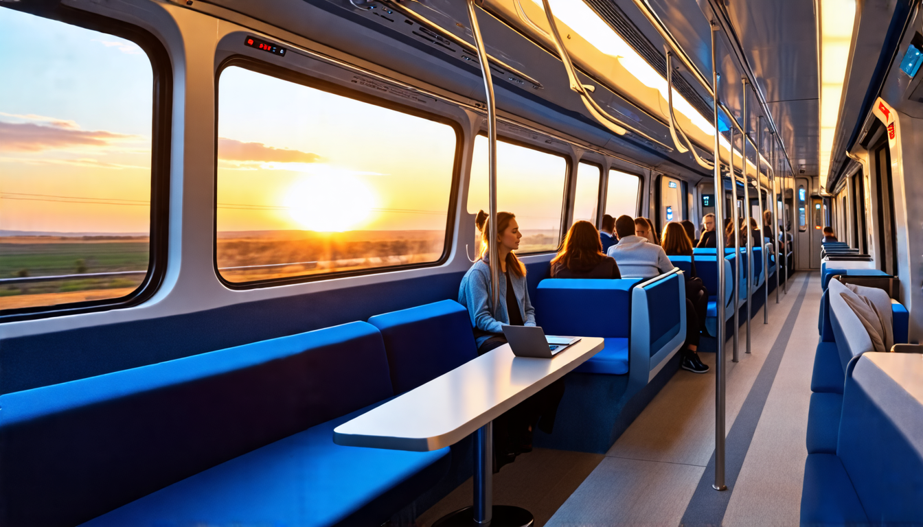 A modern sleek train carriage, spacious and comfortable with people enjoying the fast journey through the scenic countryside, with wifi and power sockets.