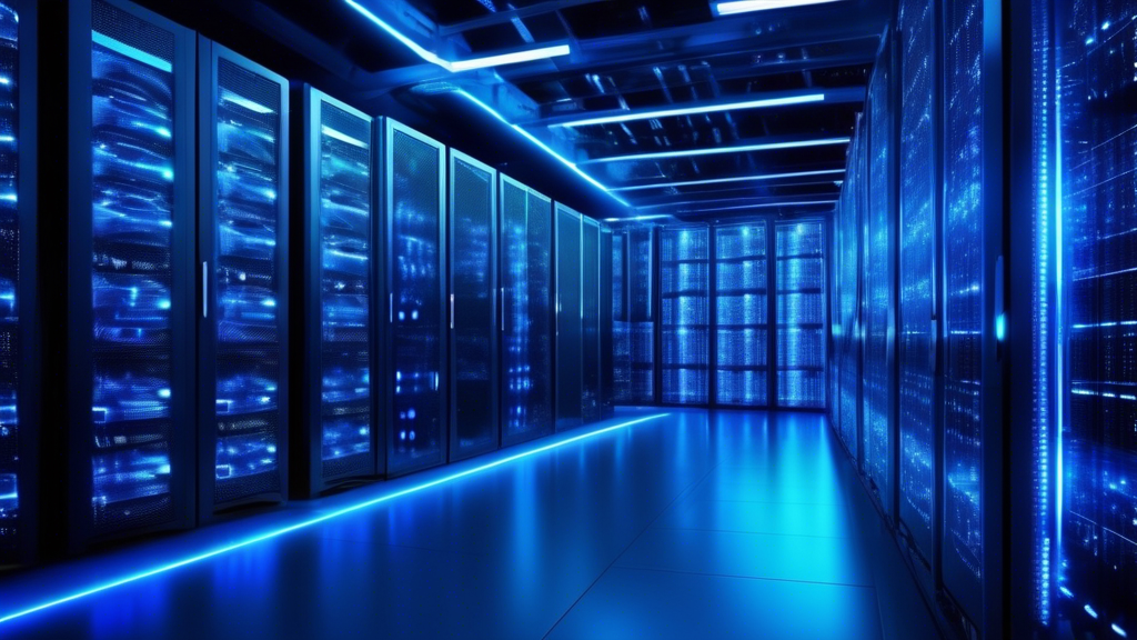 A modern data center filled with racks of servers, glowing with blue lights and high-speed network connections representing fast bandwidth optimized hostin