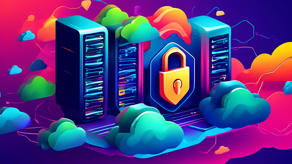 A variety of secure hosting providers offering free SSL certificates on a cloud server, in an abstract, vibrant, and futuristic style.