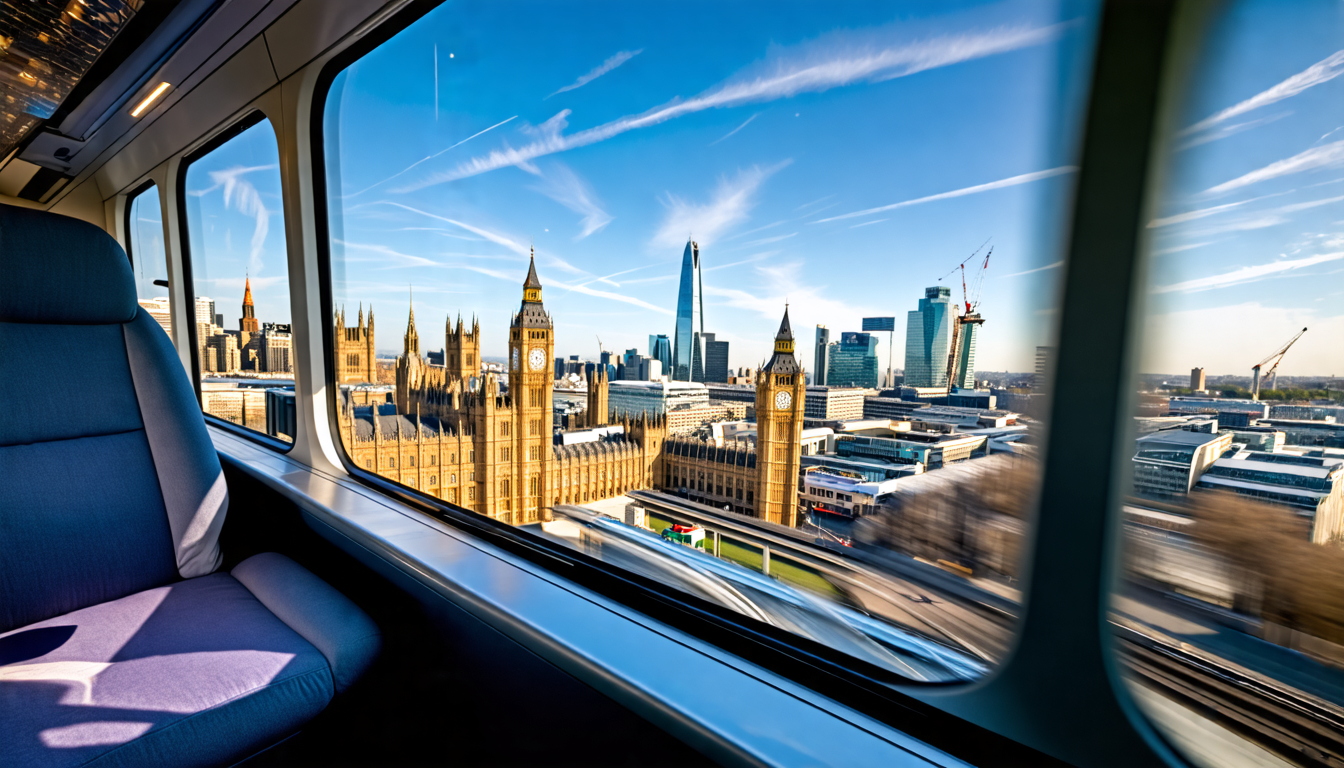 A panoramic view of London from a window seat of a Heathrow Express train, showcasing the city's iconic landmarks and skyscrapers as the train speeds towar