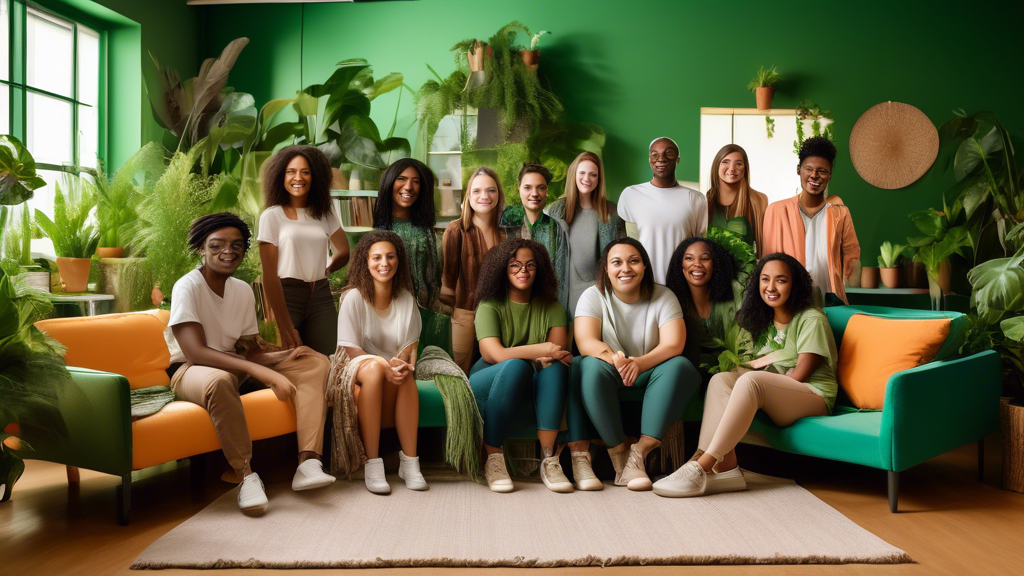 A group of diverse students posing together in a vibrant green living room, surrounded by plants and comfortable furniture, with a welcoming and inclusive