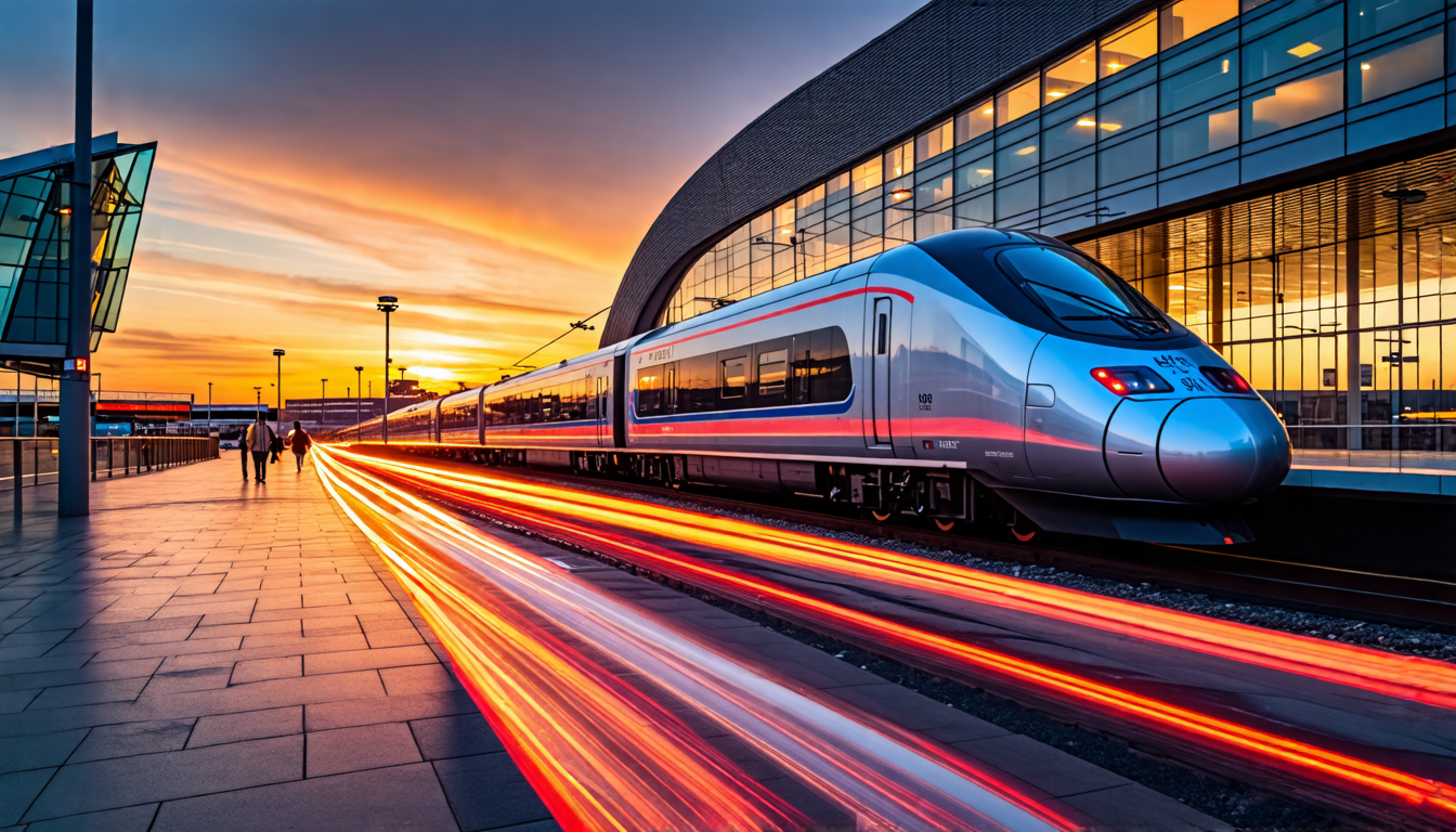 Modern train pulling out of Heathrow airport at sunset, streaks of light representing speed, sleek lines of train and sharp airport architecture