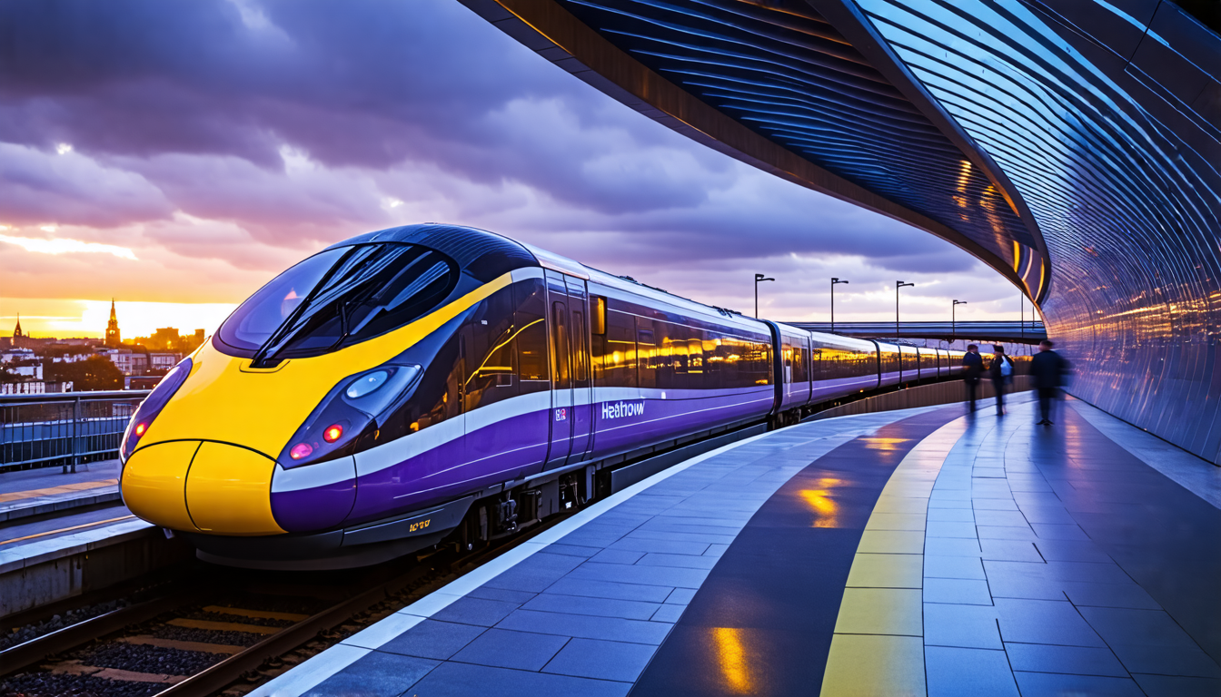 A sleek, modern Heathrow Express train glides through a tunnel, connecting Heathrow Airport to the heart of London, symbolizing the seamless bridge between