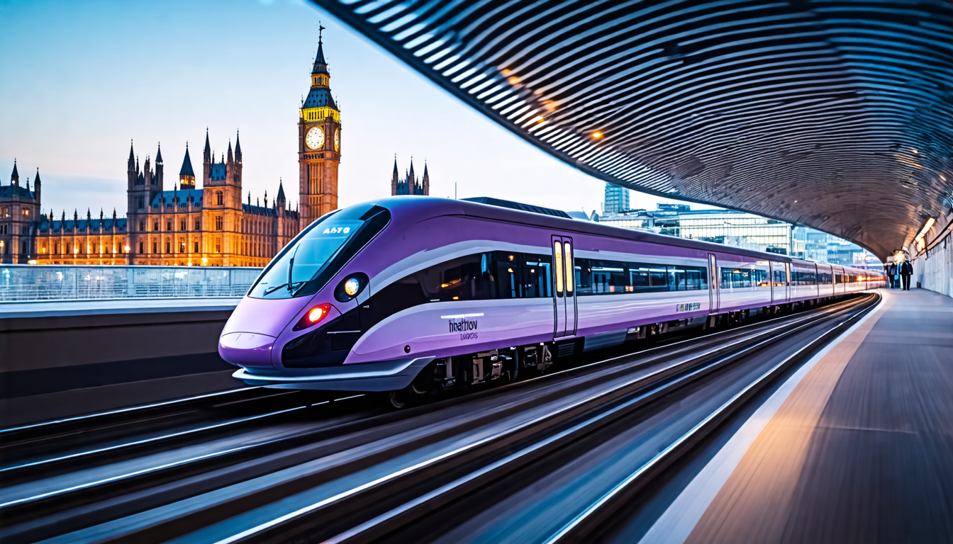 A sleek and modern Heathrow Express train emerging from a tunnel against a backdrop of the bustling London cityscape.