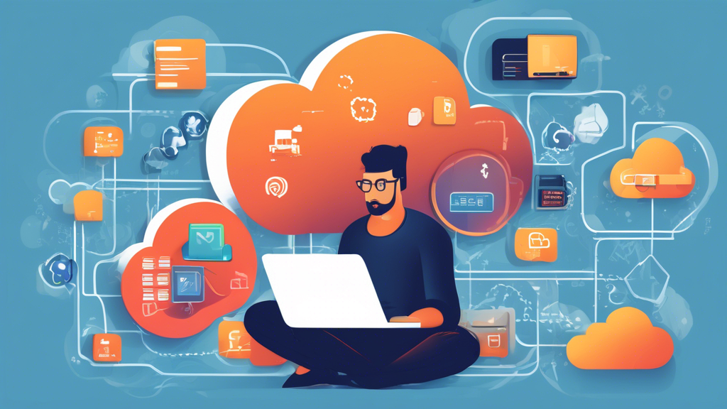 An illustration of a developer using a laptop to manage hosted applications on a cloud platform, with various icons representing different hosting options