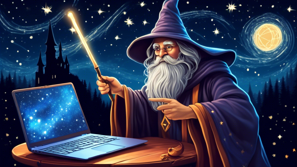 A wizard holding a magic wand is beside a laptop that has a Windows logo on its screen. The wizard is pointing a magic wand at the laptop. The background i