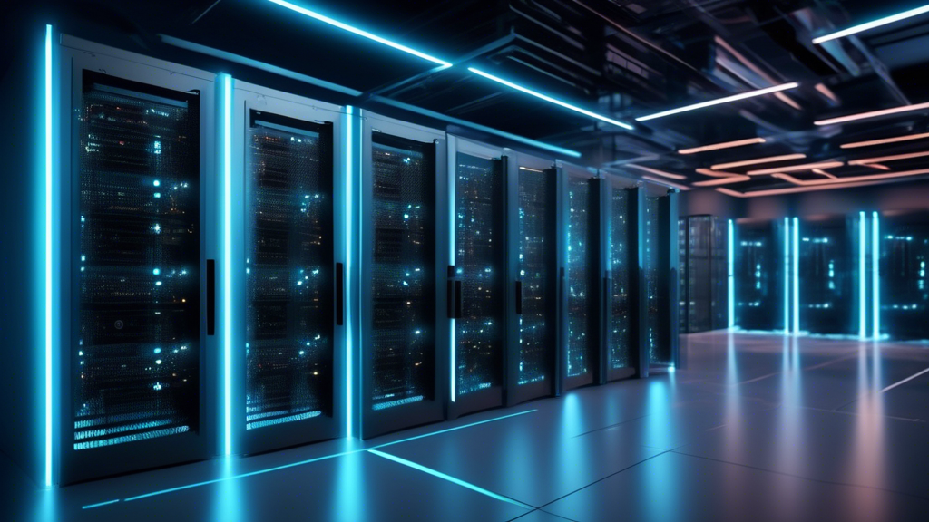 A futuristic data center with illuminated secure shared hosting servers, showcasing advanced security measures, reliability, and performance for 2024.