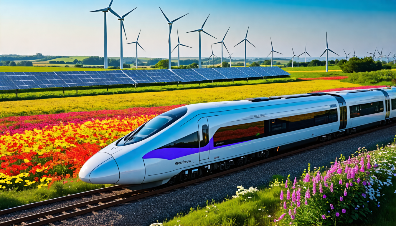 A sleek and futuristic Heathrow Express train speeding through a lush and blooming landscape, surrounded by wind turbines and solar panels, symbolizing the