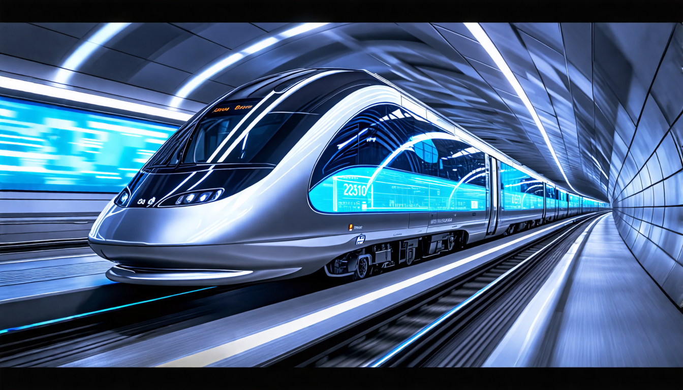 A futuristic and sleek Heathrow Express train showcasing cutting-edge technology and design features that enhance passenger experience and efficiency, whiz