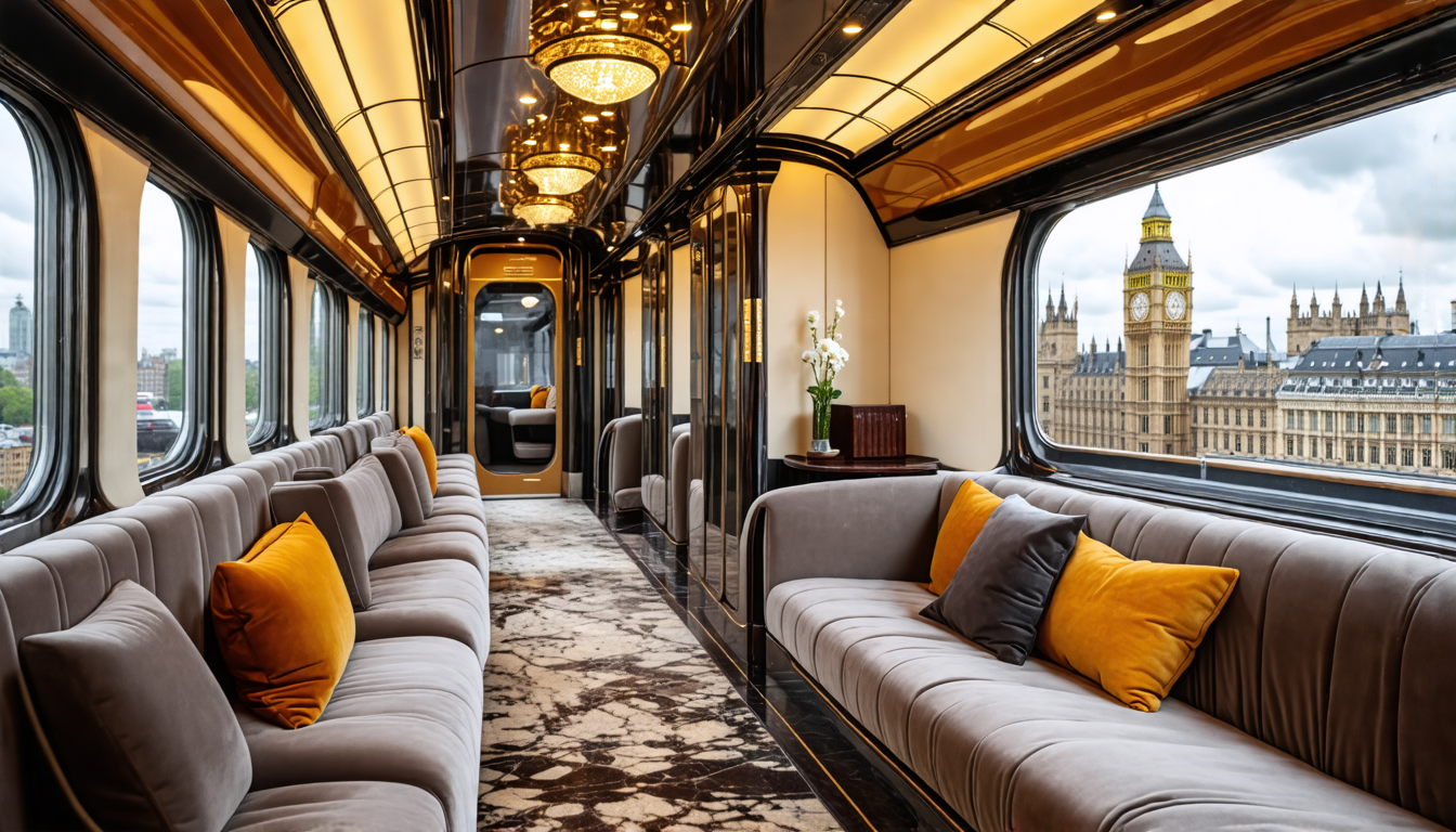 A sleek, luxurious train carriage with plush seating, marble accents, and a panoramic view of the London skyline.