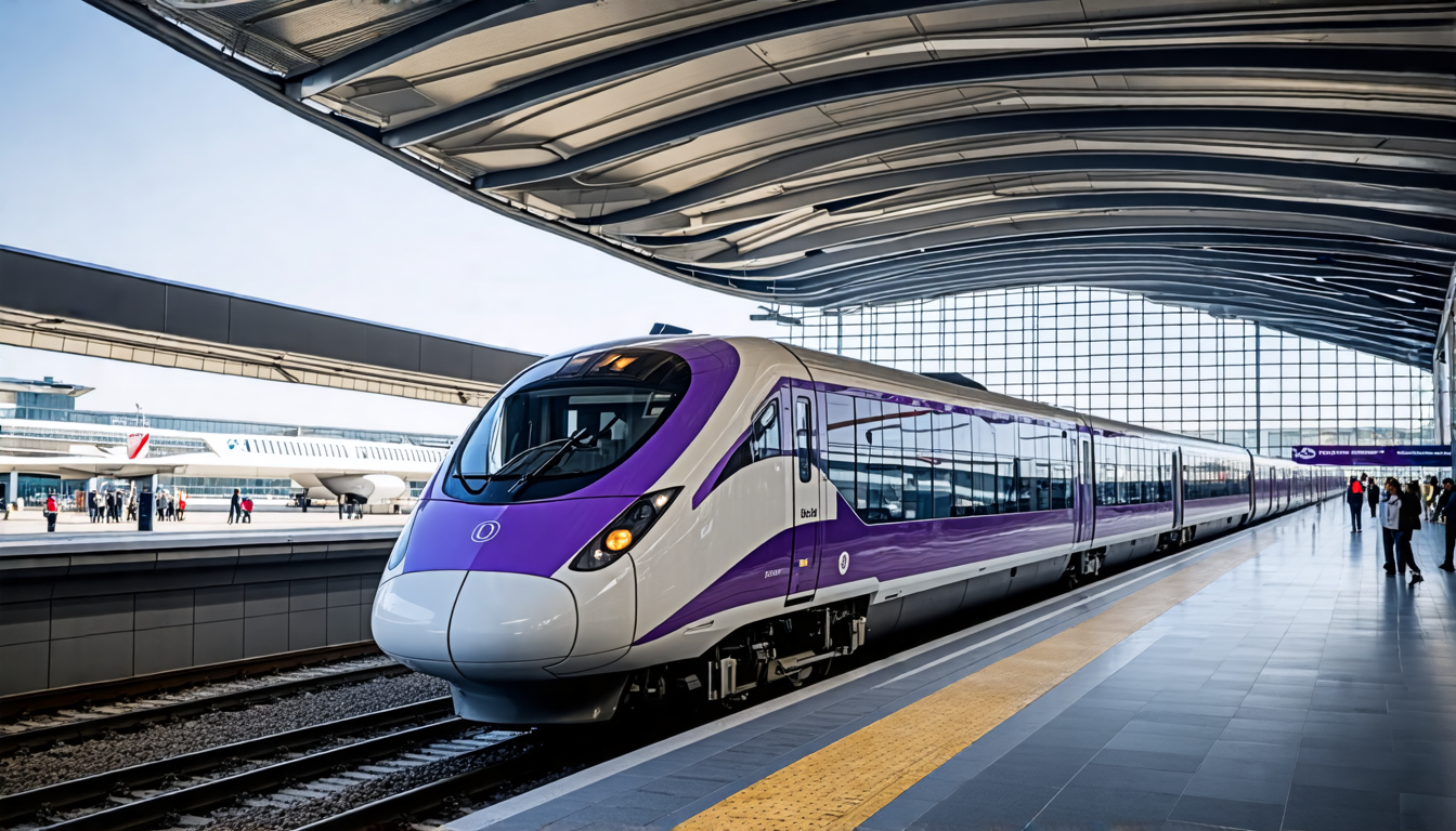 An elegant train gliding through a sleek and modern airport terminal, capturing the convenience and reliability of the Heathrow Express.