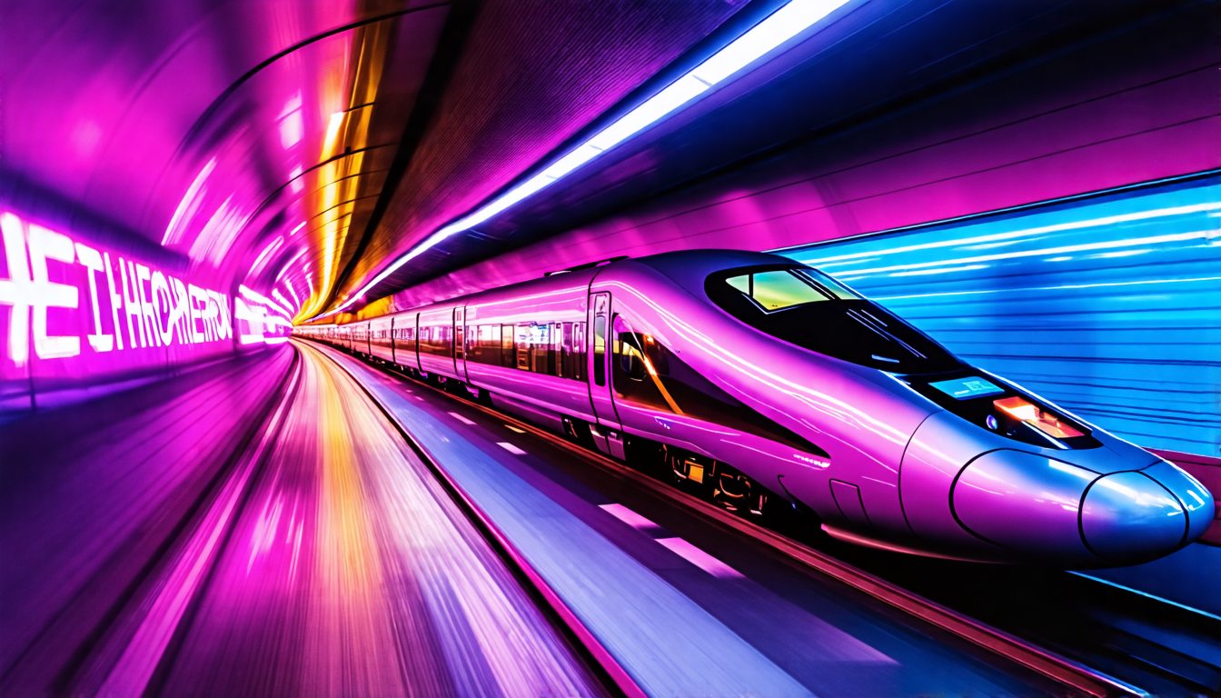 A sleek, futuristic train speeding through a tunnel, with the illuminated sign Heathrow Express visible on its side. The train is set against an abstract b