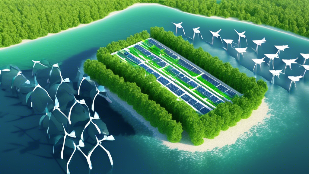 Create an image representing green offshore hosting with eco-friendly data centers powered by renewable energy sources, showcasing their environmental bene