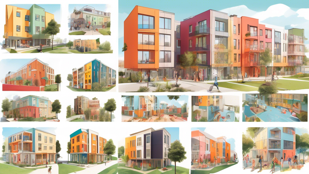 A vibrant and diverse collage showcasing various budget-friendly student housing options for 2024, including dormitories, shared apartments, and homestays,