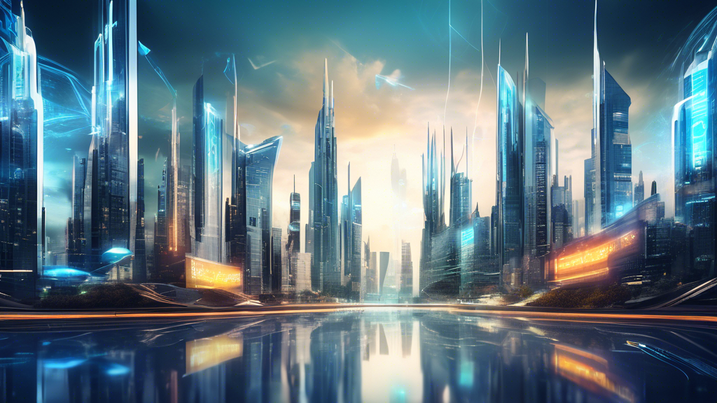 A futuristic cityscape with skyscrapers adorned with the logos of fast Windows hosting providers, depicting speed, reliability, and technological advanceme