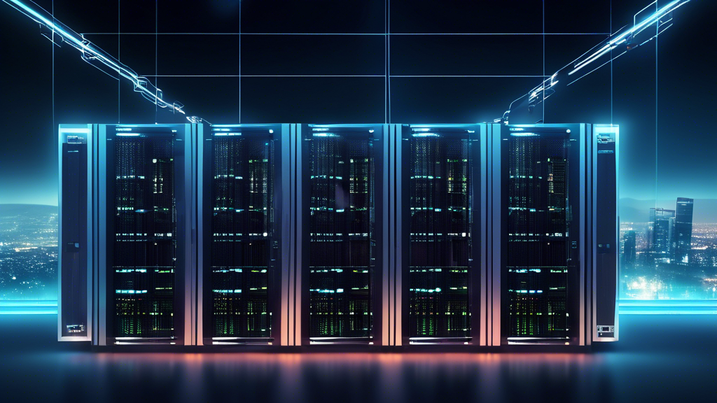 Create an image representing the top business hosting providers for 2024, showcasing their logos on a glowing server rack in a modern data center, with a f