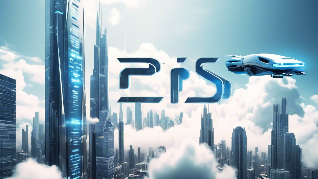 A futuristic cityscape with massive skyscrapers and flying cars, in the foreground a large virtual private server (VPS) with the Windows logo on it hoverin