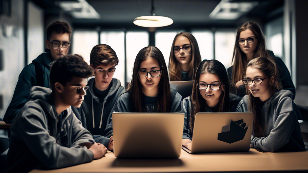 A group of students using laptops in a secure and protected environment, with a shield or lock symbol representing security.