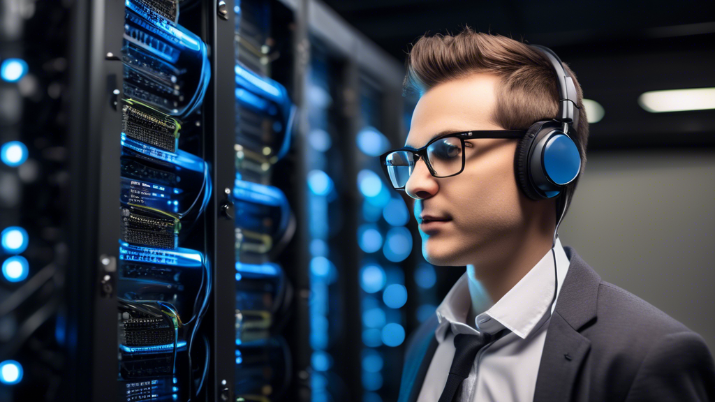 A headshot style photograph of a person with glasses and a headset looking at a server rack with a VPS business hosting logo on it.