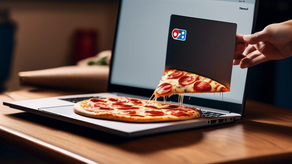 A photo of a pizza being ordered online through Domino's website on a laptop computer. The pizza is a pepperoni pizza with extra cheese and the order is be