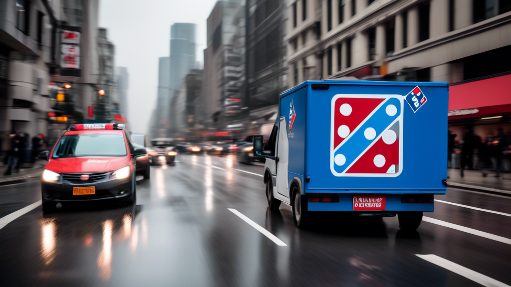 A giant Domino's pizza delivery vehicle with the iconic Domino's logo driving through a bustling city on a cloudy day.